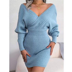 Blue Rib-Knit Sweater Dress